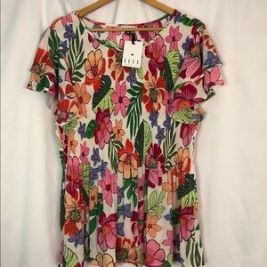 Elle Vibrant Floral Women's Blouse - Multicolor Short Ruffle Sleeve Size 3X